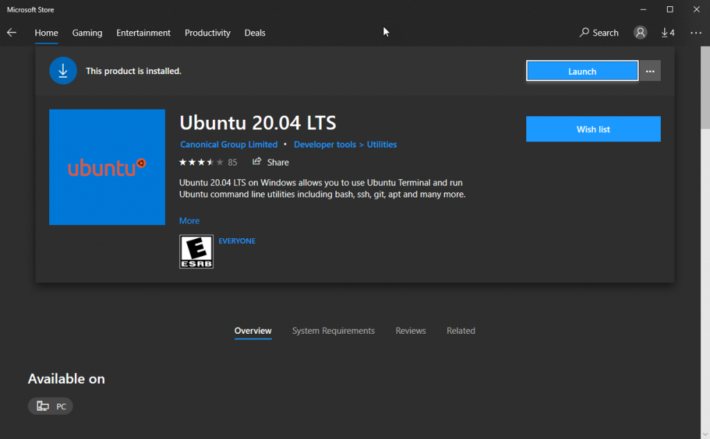 Install Ubuntu 20.04 LTS from the Windows Store